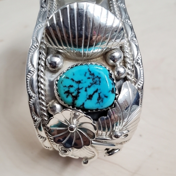 Signed Sterling Silver 925 Turquoise Coral Bracelet / Watch Holder - Picture 5 of 14